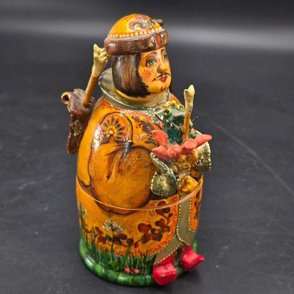Russian Folk Art Wooden Figurine With Frog Prince & Floral Accents CR2036